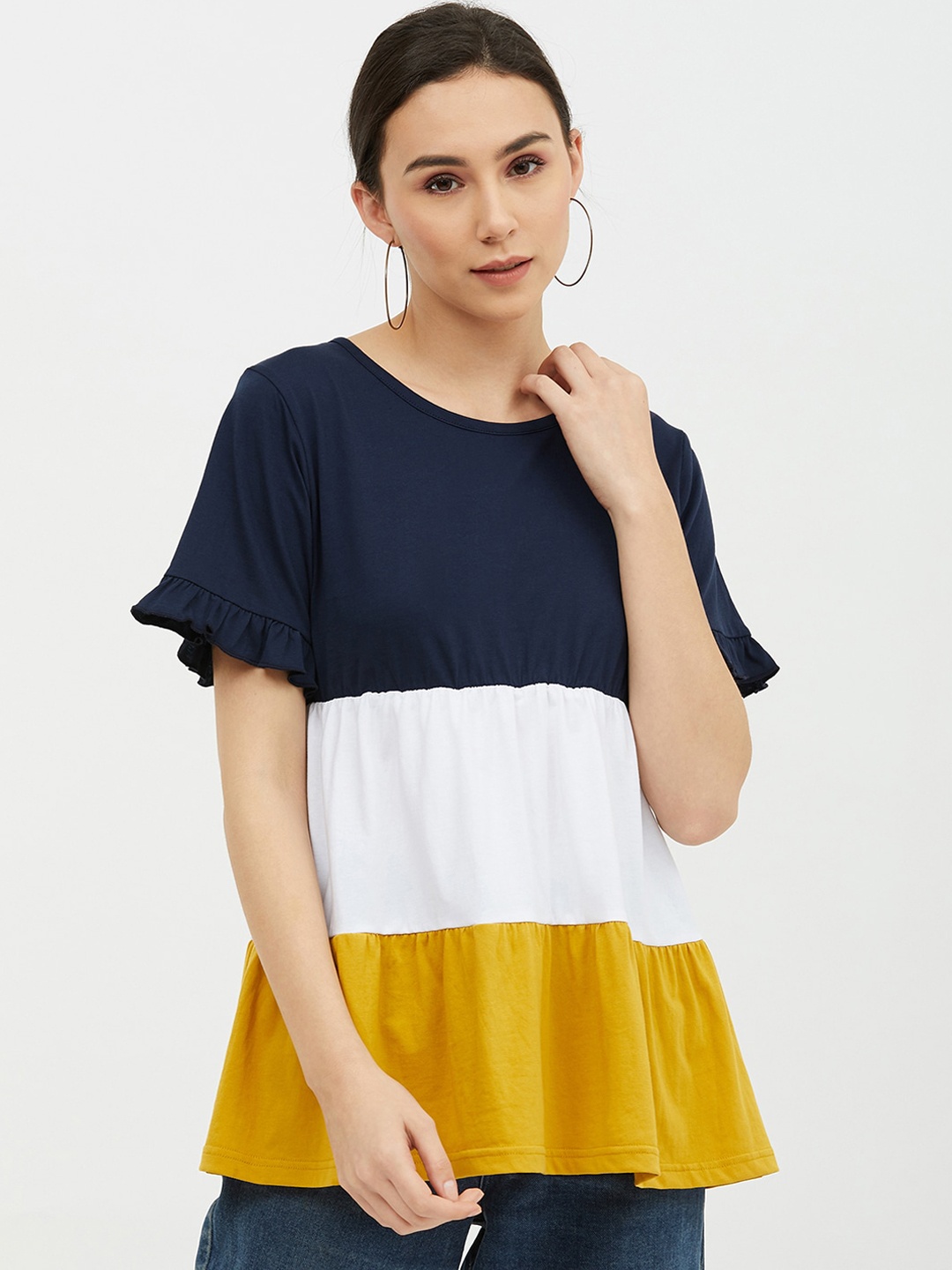 

Harpa Mustard Yellow & Navy Blue Colourblocked Flared Sleeves Pure Cotton A-Line Top