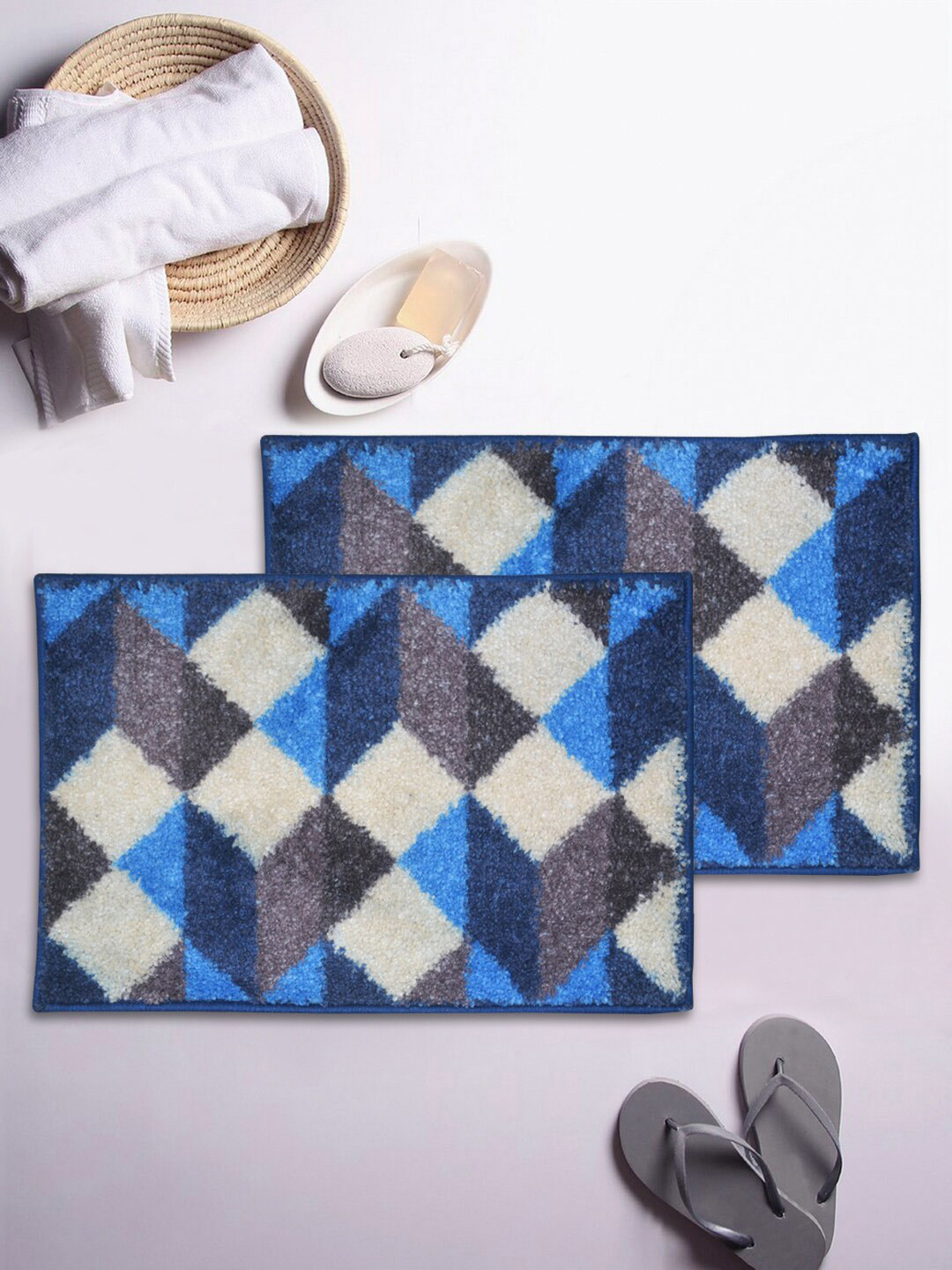 

BIANCA Set Of 2 Blue & Beige Printed Super-Dry Bath Rug With Rubber Back