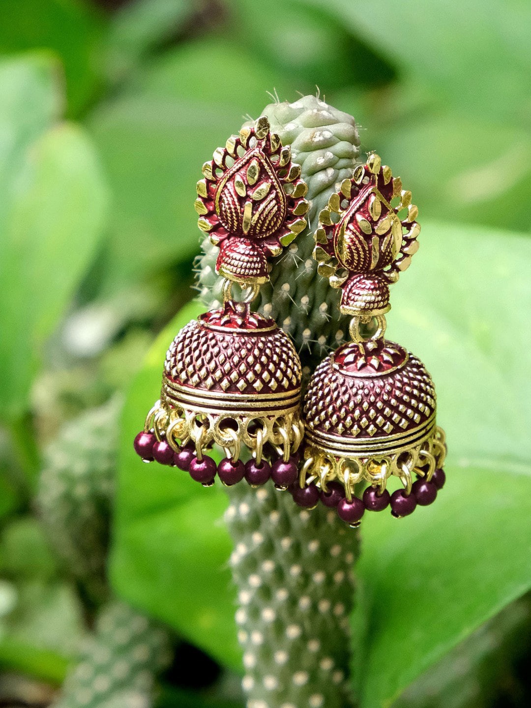 

Crunchy Fashion Gold-Toned & Violet Contemporary Jhumkas
