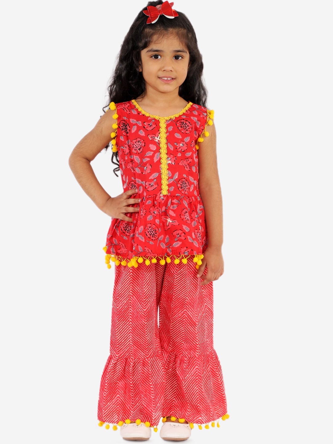 KID1 Girls Red Printed Kurti with Sharara