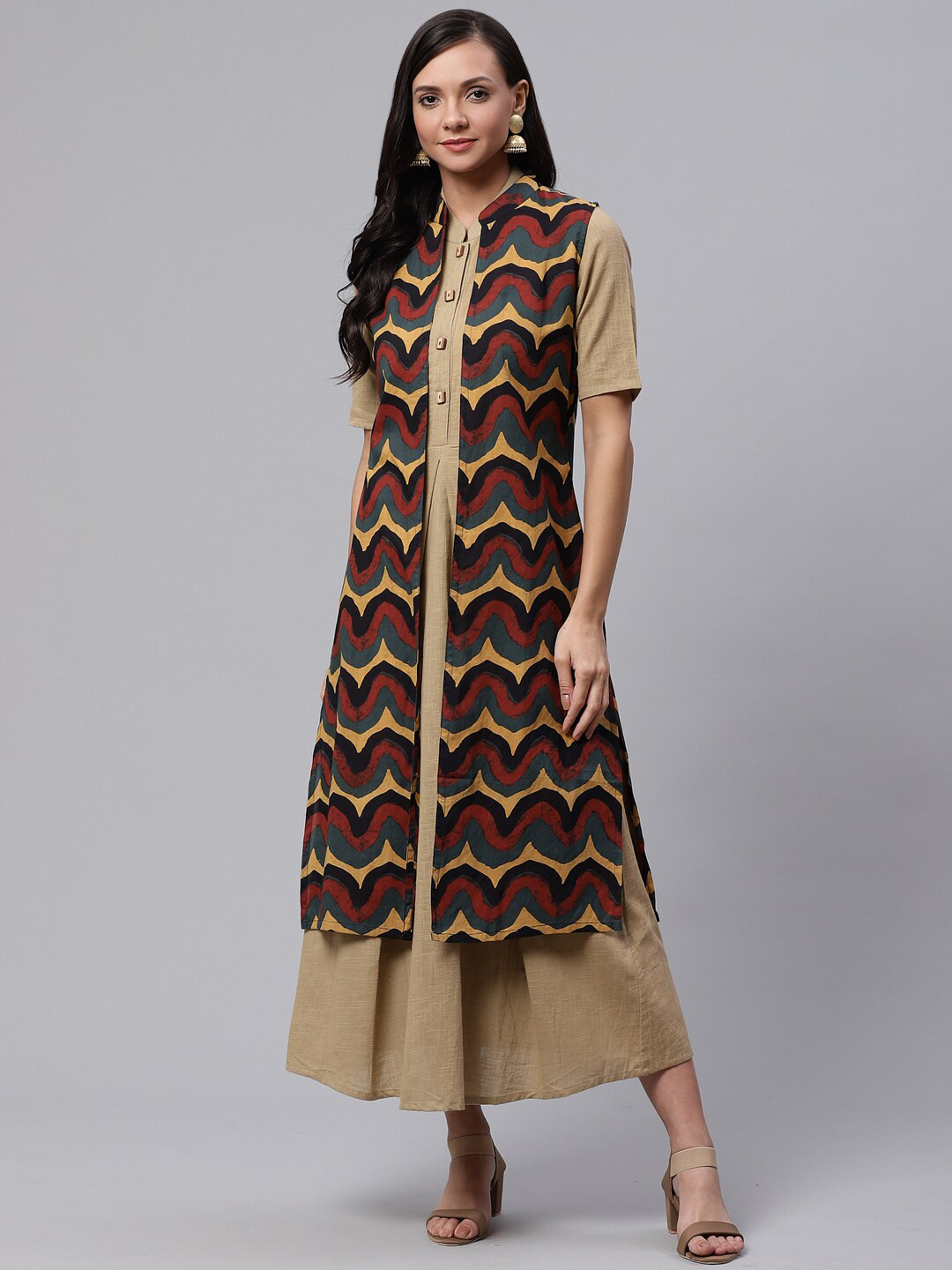 

Sringam Women Khaki Solid A-Line Dress with Shrug