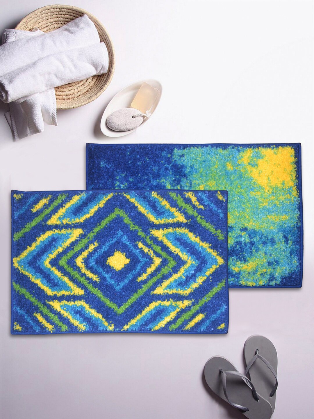 

BIANCA Set Of 2 Blue & Green Printed 1850 GSM Anti-Skid Bath Rugs