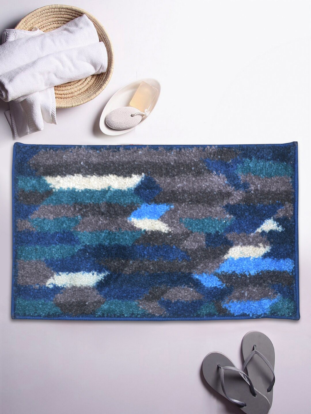 

BIANCA Blue & Grey Abstract Patterned 1850 GSM Anti-Skid Bath Rug