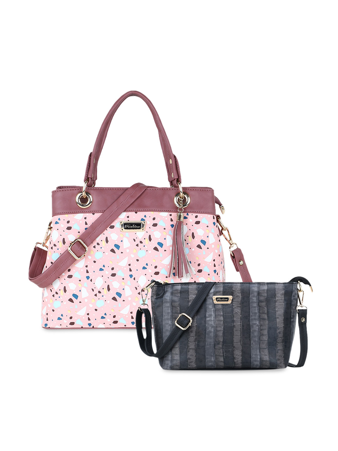

WOMEN MARKS Pink & Black Printed Handheld Bag with Pouch