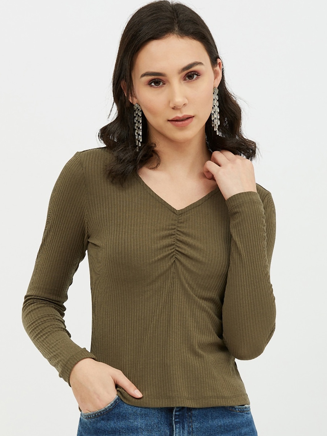 

Harpa Women Olive Green Solid V-Neck T-shirt
