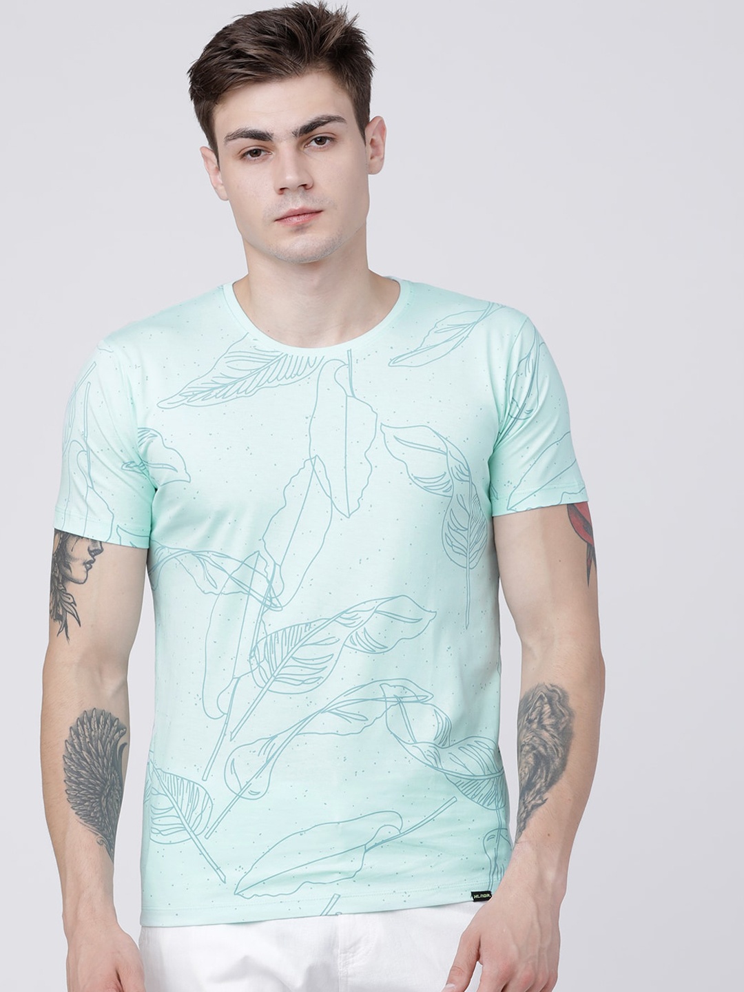 

HIGHLANDER Men Turquoise Blue Printed Henley Neck T-shirt