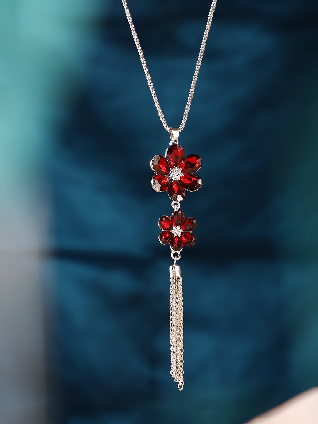 ANIKAS CREATION Silver-Plated Red & White AD-Studded Pendant With Chain