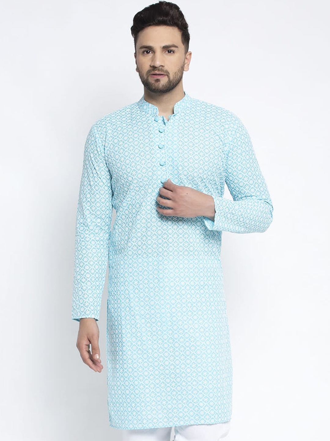 

Jompers Men Turquoise Blue Embroidered Kurta
