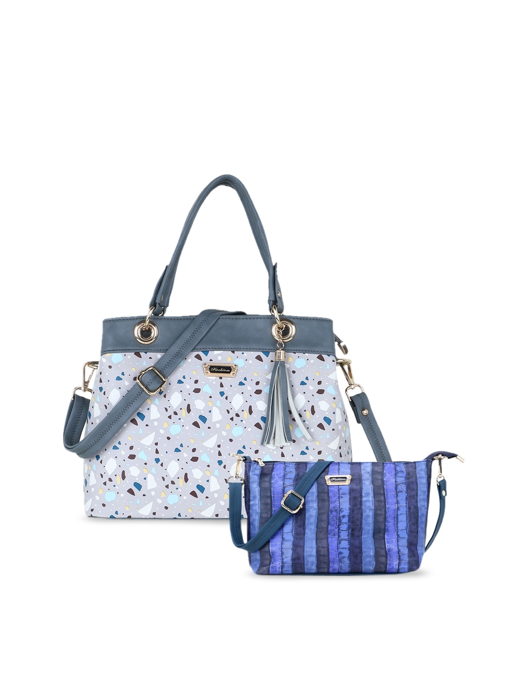 

WOMEN MARKS Grey & Blue Printed Handheld Bag with Pouch
