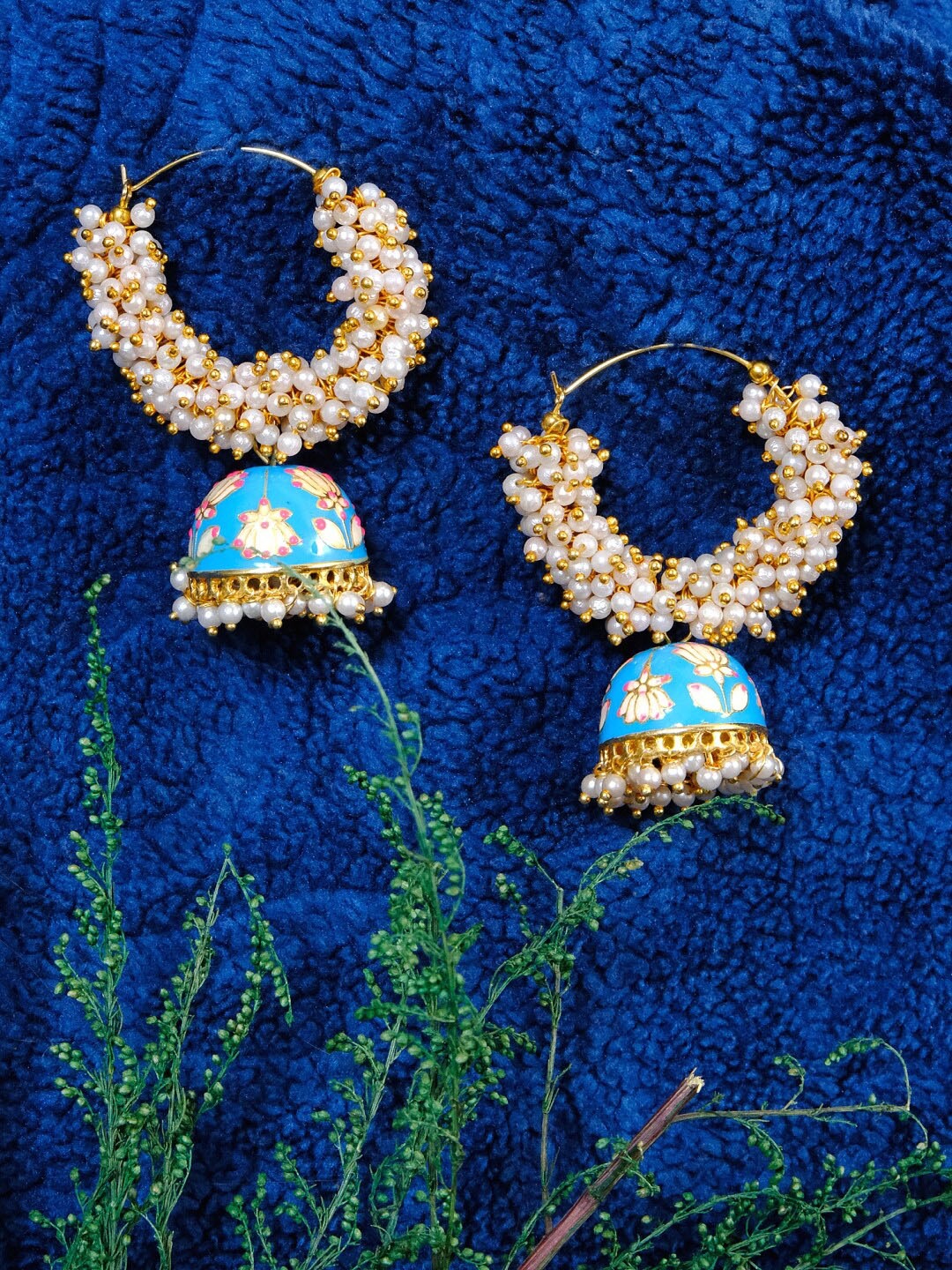 

Crunchy Fashion Gold-Toned & Blue Contemporary Jhumkas