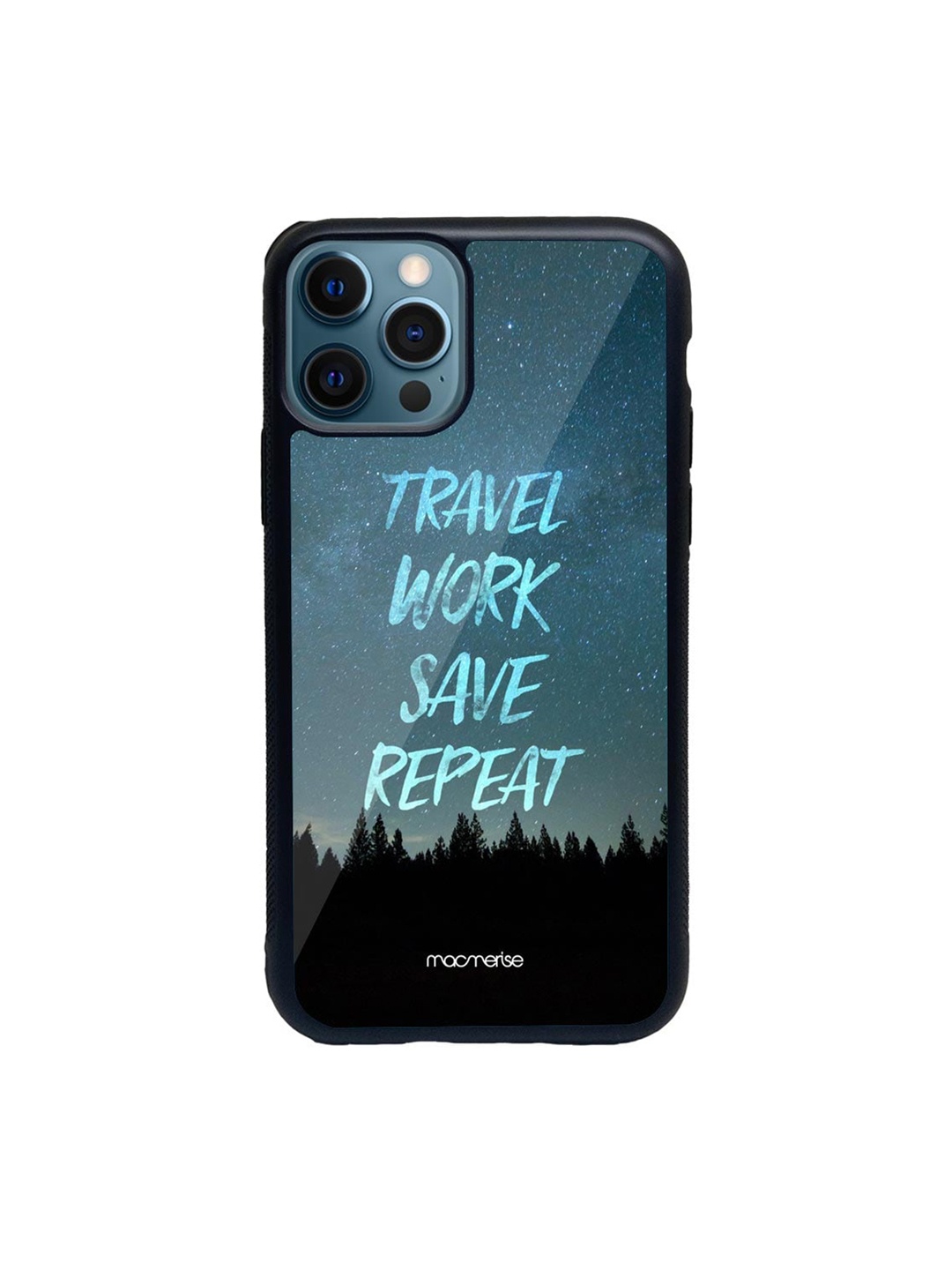 

macmerise Blue & Black Travel Work Save Repeat Glass iPhone 12 Pro Phone Case