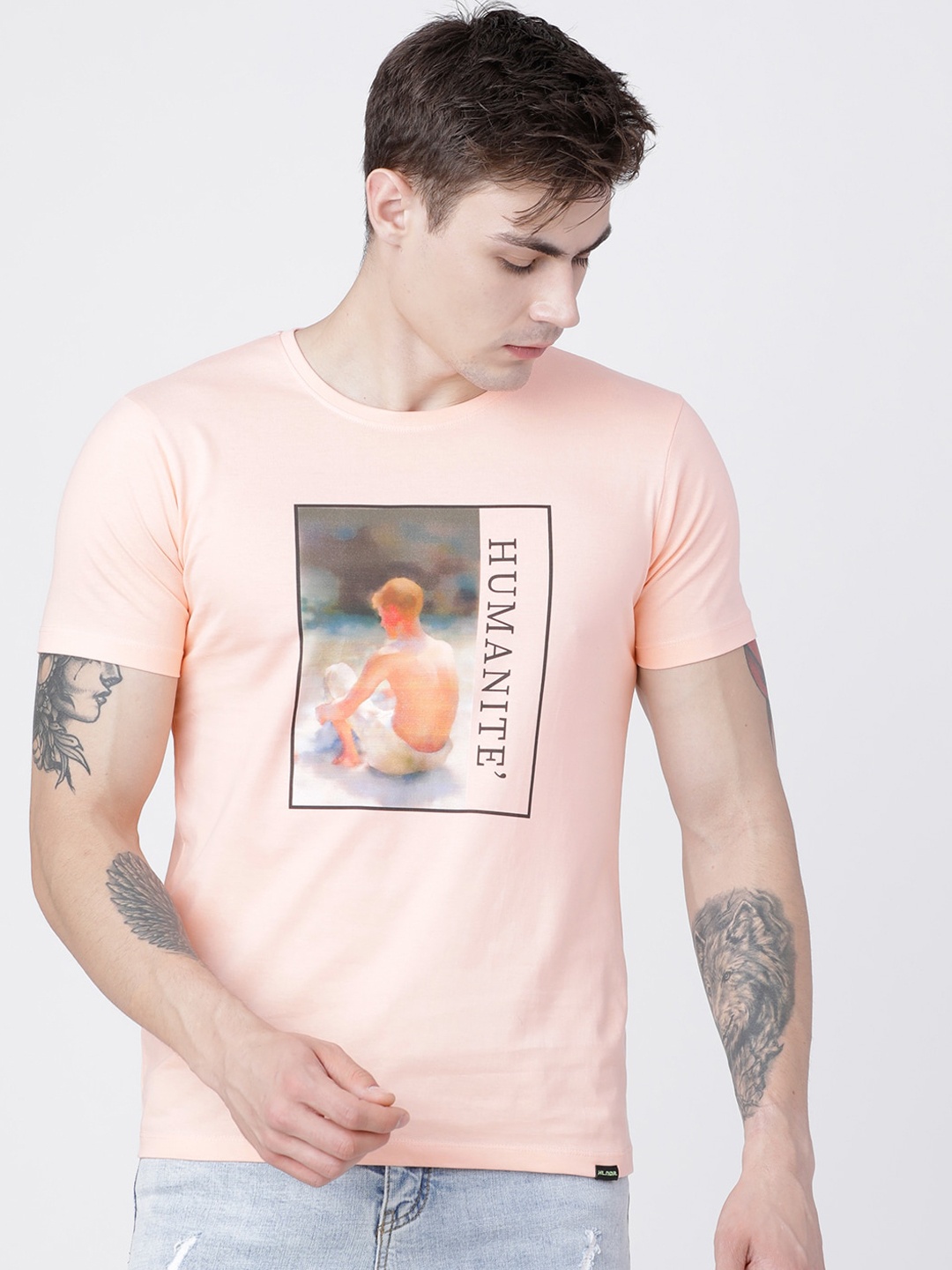 

HIGHLANDER Men Peach-Coloured Printed Round Neck T-shirt