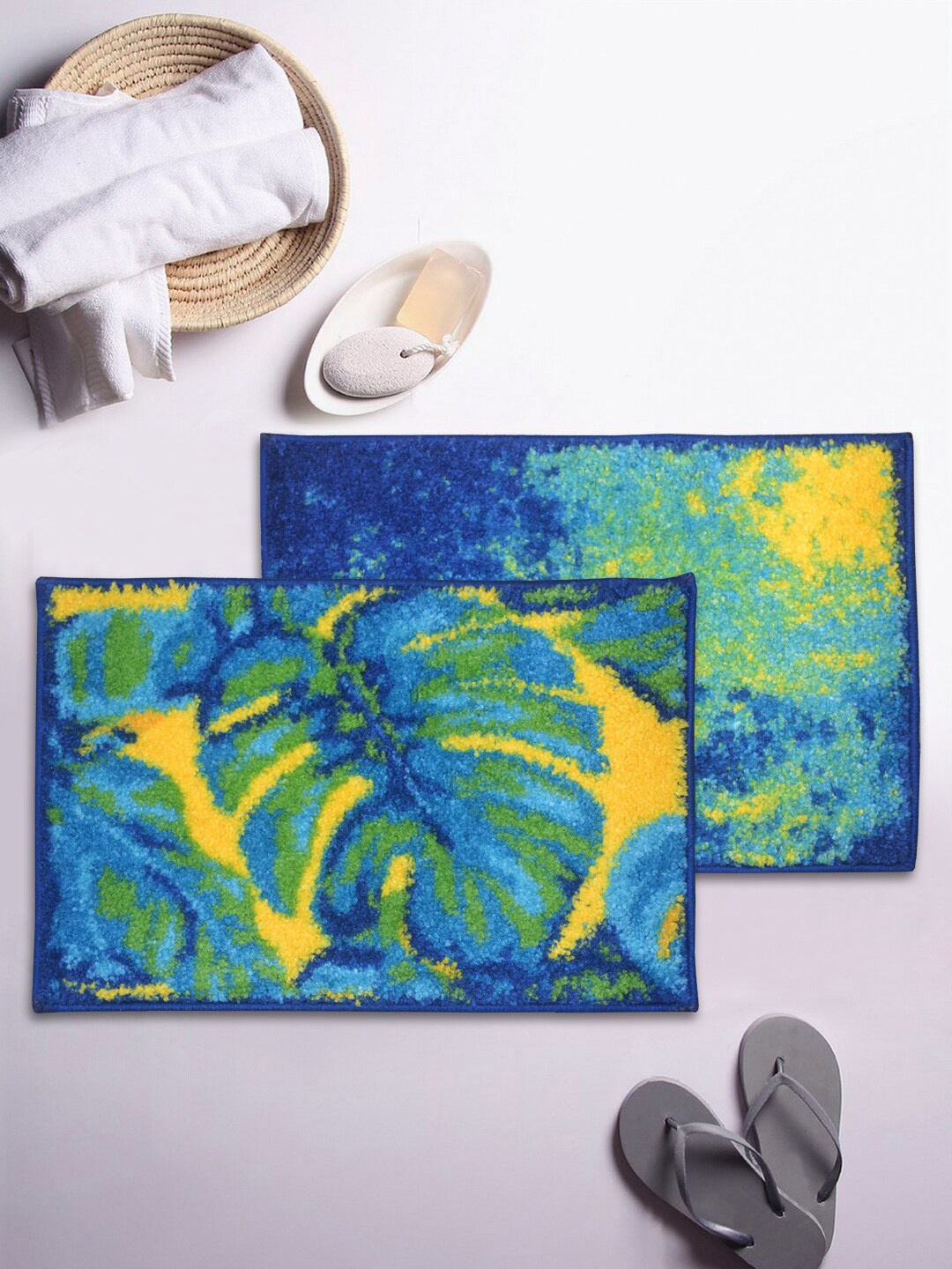 BIANCA Set Of 2 Printed Microfibre Anti-Skid Bath Rugs, Blue