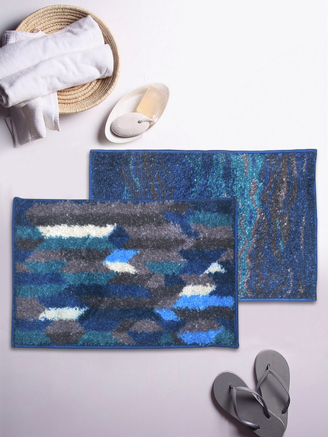 

BIANCA Set Of 2 Blue & Grey Printed Microfibre Anti-Skid Bath Rugs
