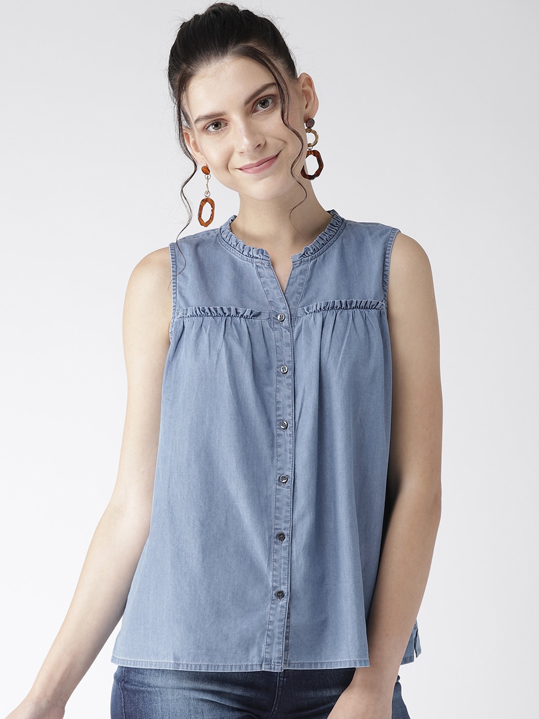 

Xpose Blue Mandarin Collar Pure Cotton Shirt Style Top