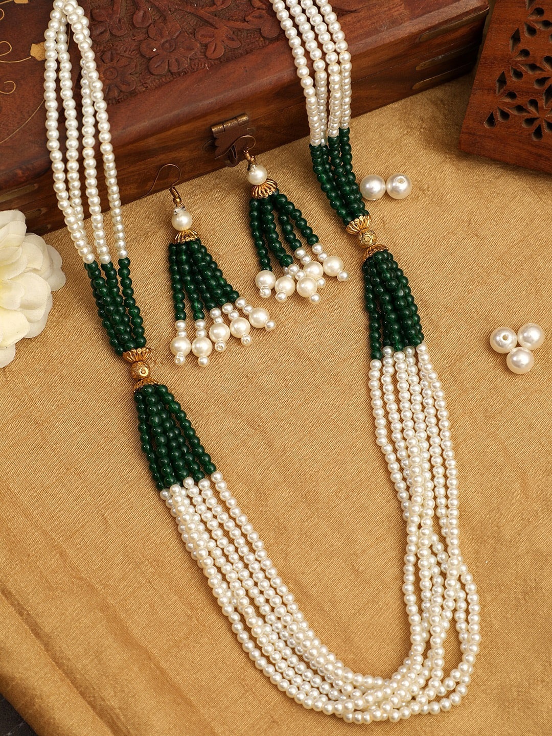 

ANIKAS CREATION Gold-Plated White & Green Pearl Beaded Multi-Stranded Jewellery Set