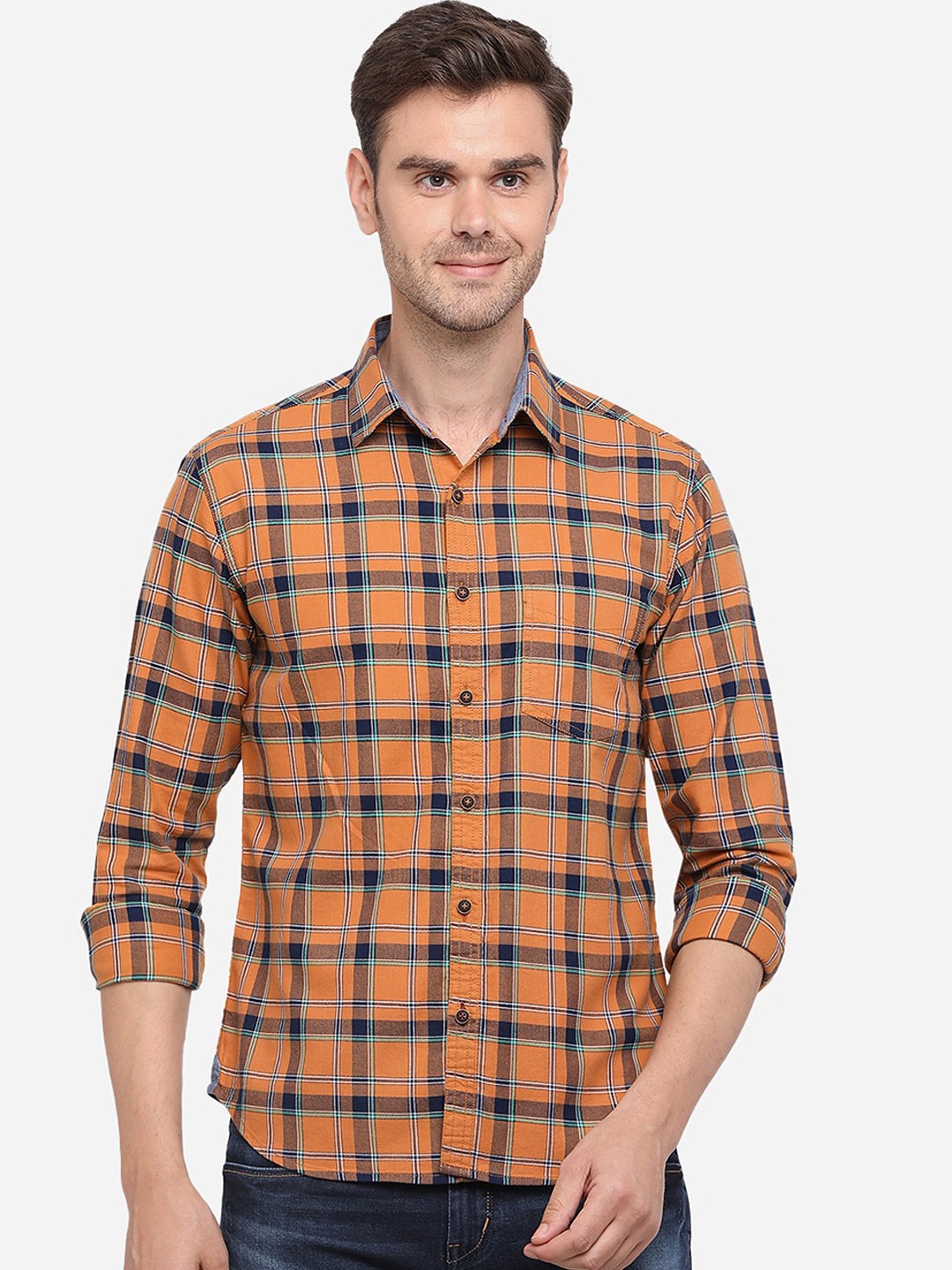 

Greenfibre Men Orange & Navy Blue Slim Fit Checked Casual Shirt