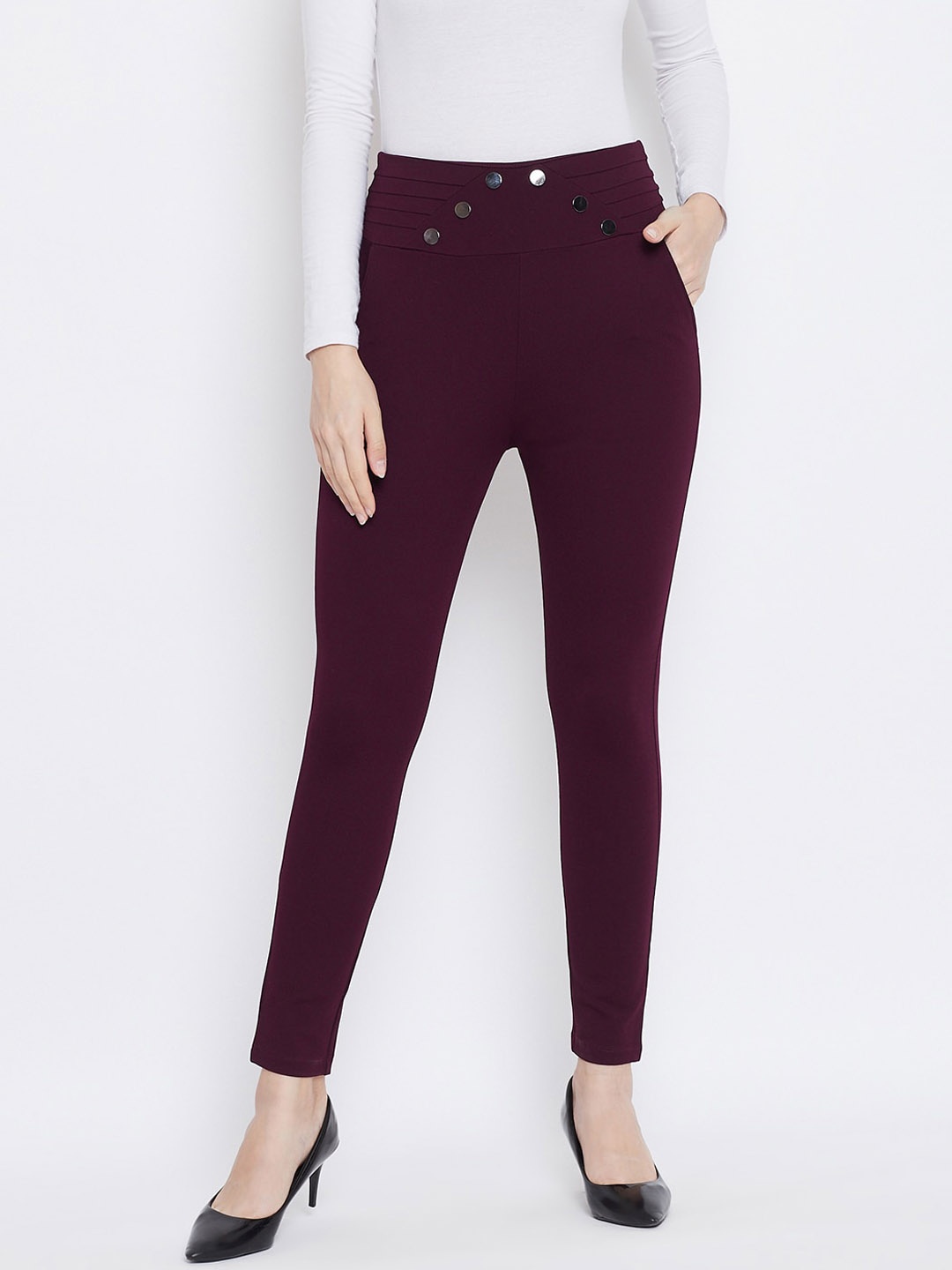 

Clora Creation Women Burgundy Solid Skinny-Fit Treggings