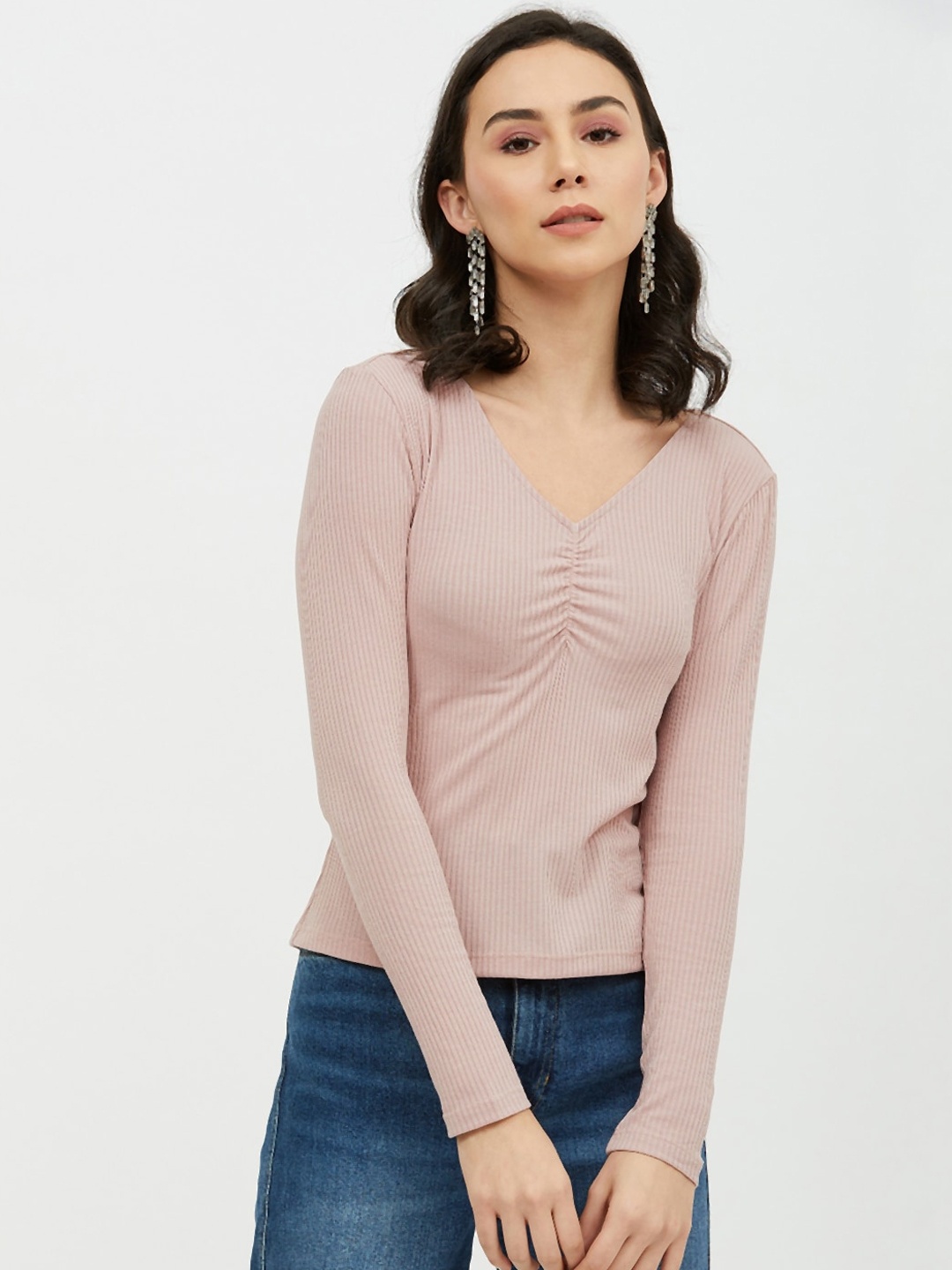 

Harpa Women Nude-Coloured Solid V-Neck T-shirt