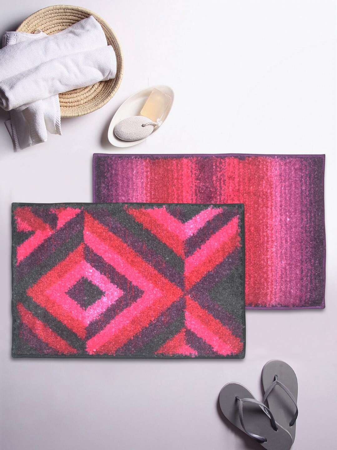 

BIANCA Set of 2 Printed Anti-Skid Rectangular Bath Rugs, Purple