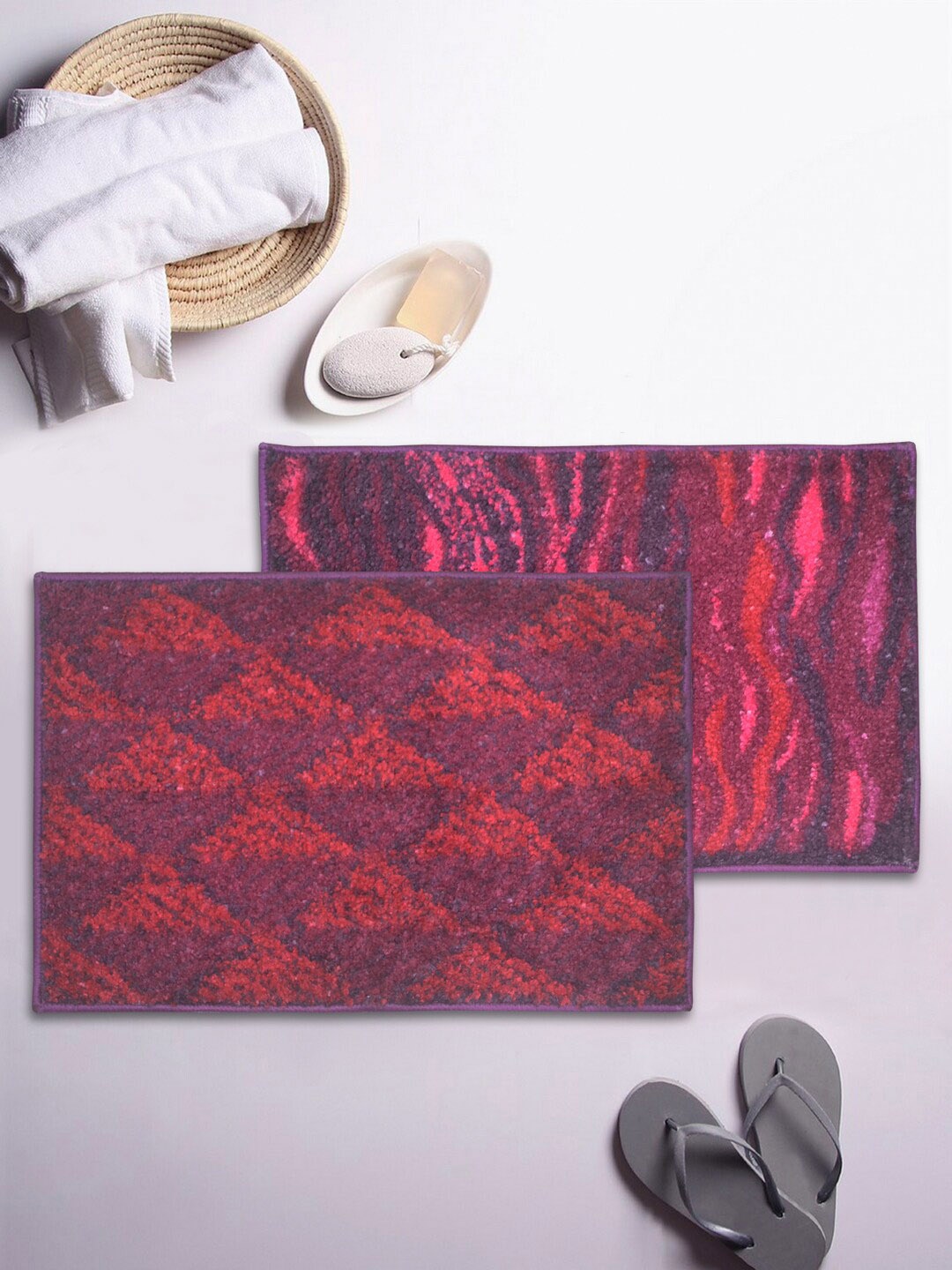 BIANCA Set Of 2 Purple & Red Geometric Patterned 1850 GSM Anti-Skid Bath Rugs