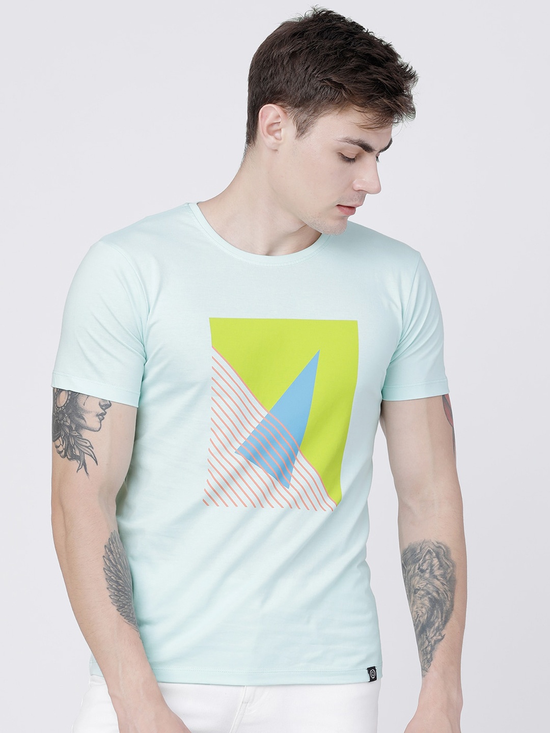 

LOCOMOTIVE Men Turquoise Blue Printed Round Neck T-shirt