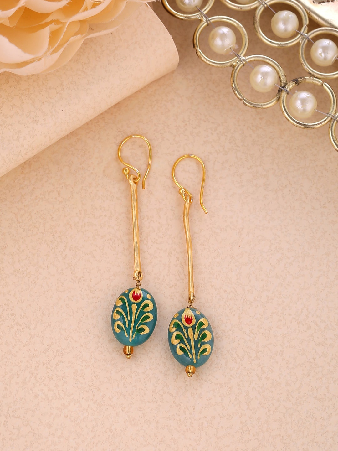 

Shoshaa Gold-Plated & Green Enamelled Contemporary Drop Earrings