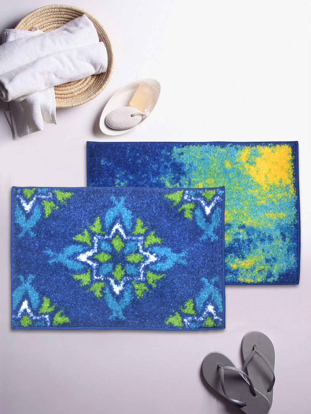 

BIANCA Set of 2 Blue & Green Printed Anti-Skid Rectangular Bath Rugs