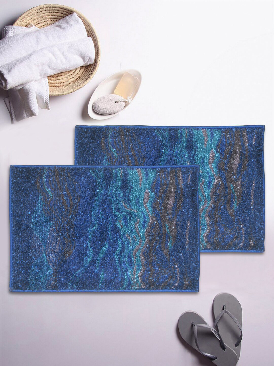 

BIANCA Set Of 2 Blue & Grey Printed 1850 GSM Anti-Skid Bath Rugs