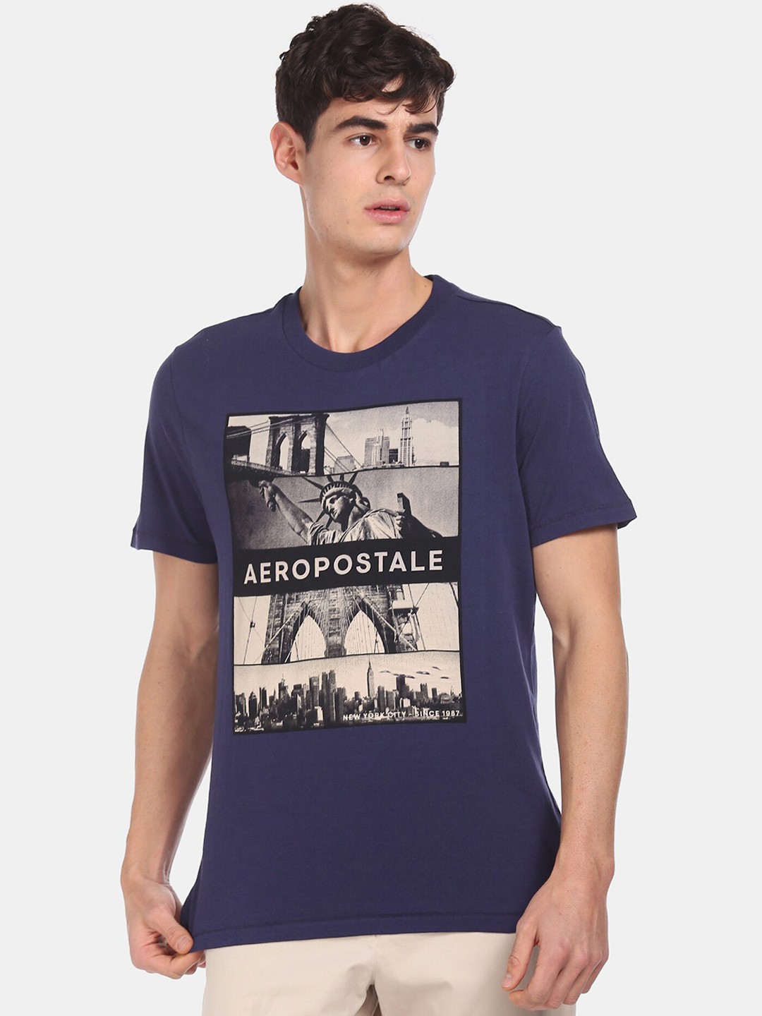 

Aeropostale Men Blue Printed Round Neck T-shirt