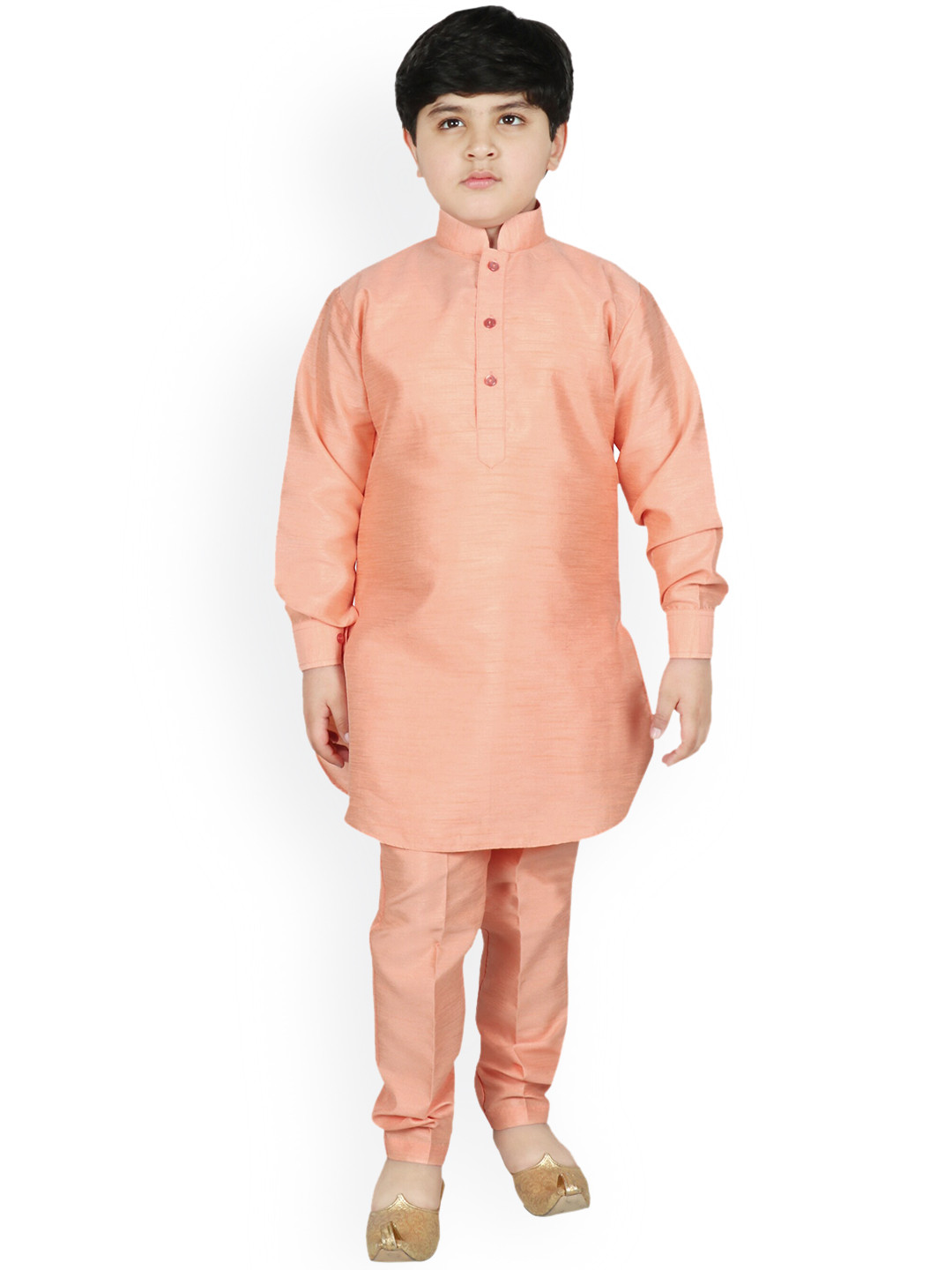 

SG YUVRAJ Boys Peach-Coloured & Grey Solid Kurta with Trousers & Nehru Jacket