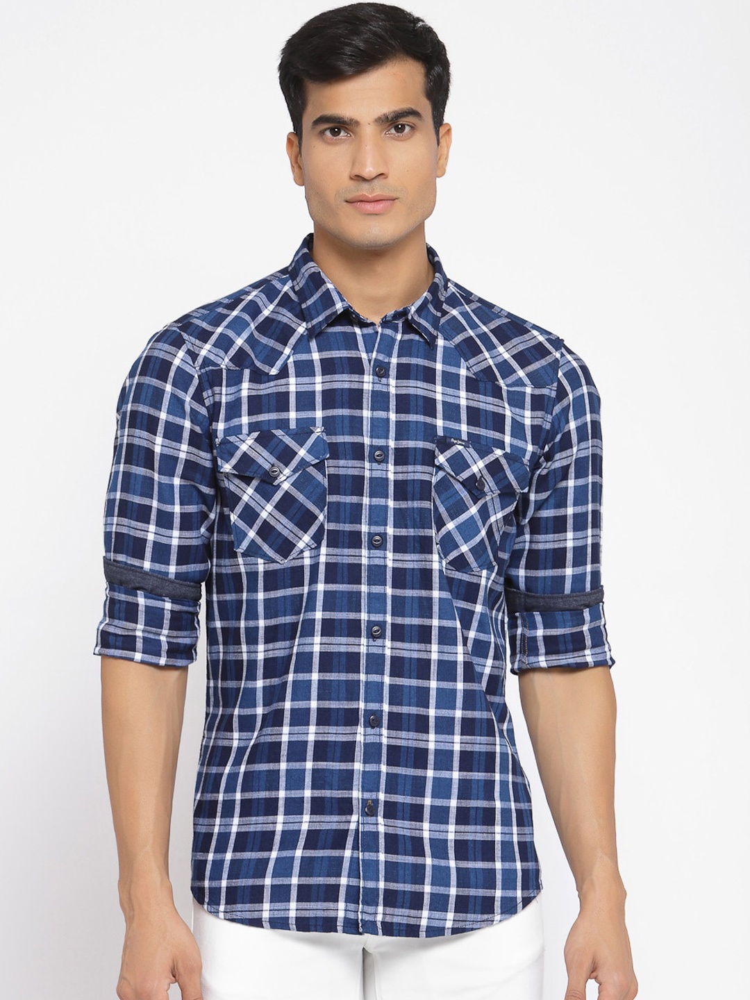 

Pepe Jeans Men Navy Blue Regular Fit Checked Casual Shirt