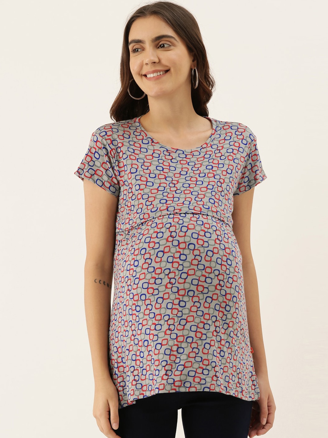 

GOLDSTROMS Women Grey & Red Maternity Printed Tunic