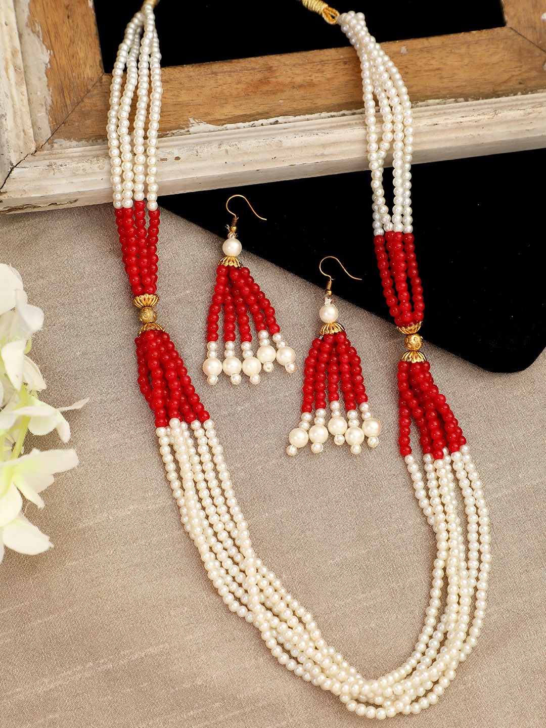 

ANIKAS CREATION Gold-Plated Red & White Pearl Beaded Jewellery Set