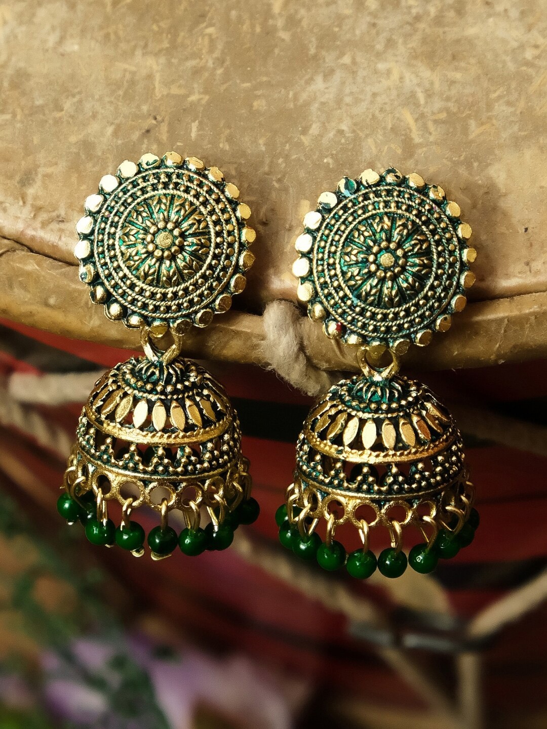 

Crunchy Fashion Green Gold-Plated Dome Shaped Jhumkas