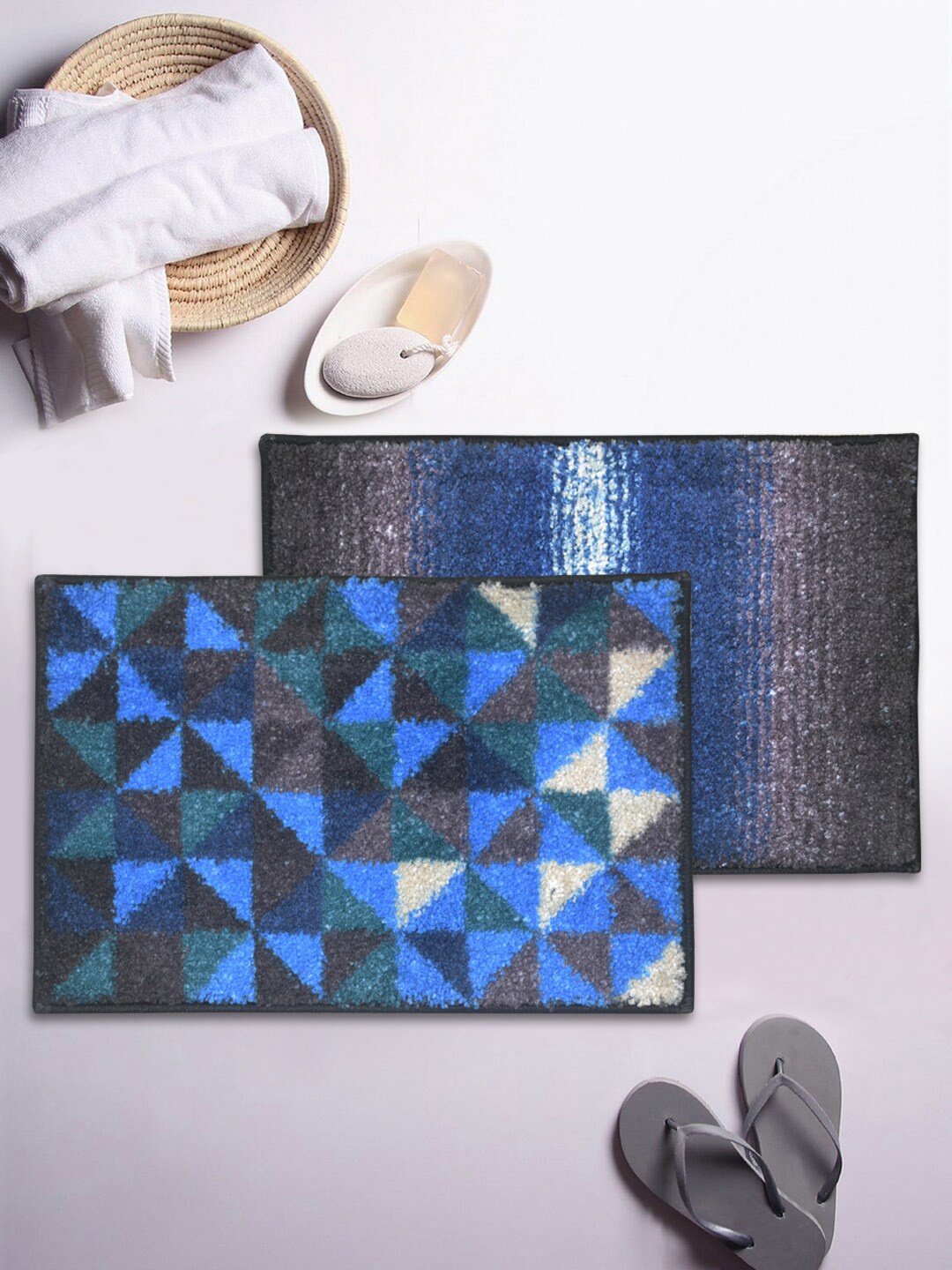 

BIANCA Set of 2 Blue & Brown Printed Anti-Skid Rectangular Bath Rugs