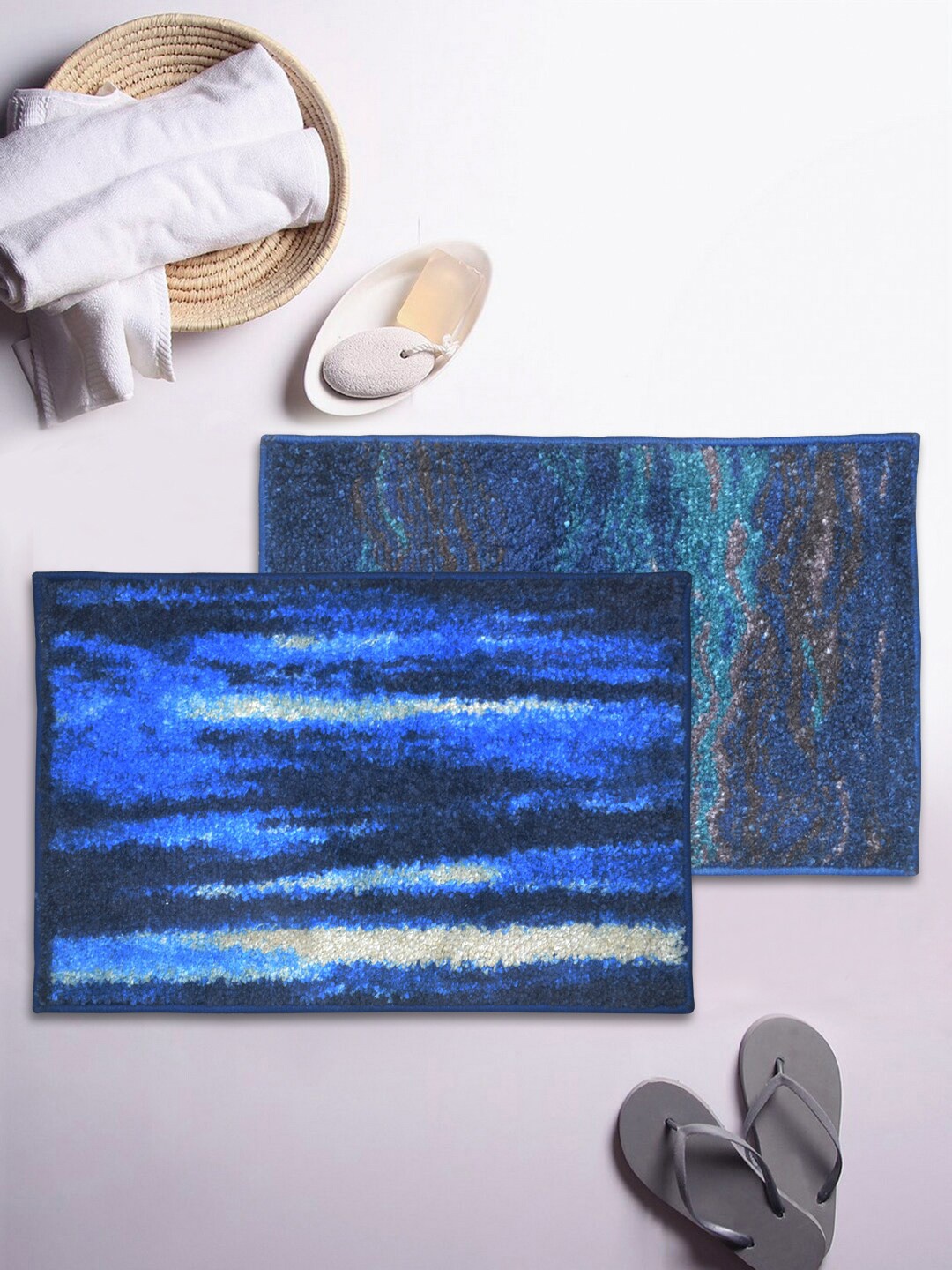 

BIANCA Set Of 2 Blue & White Printed Anti-Skid Bath Rugs