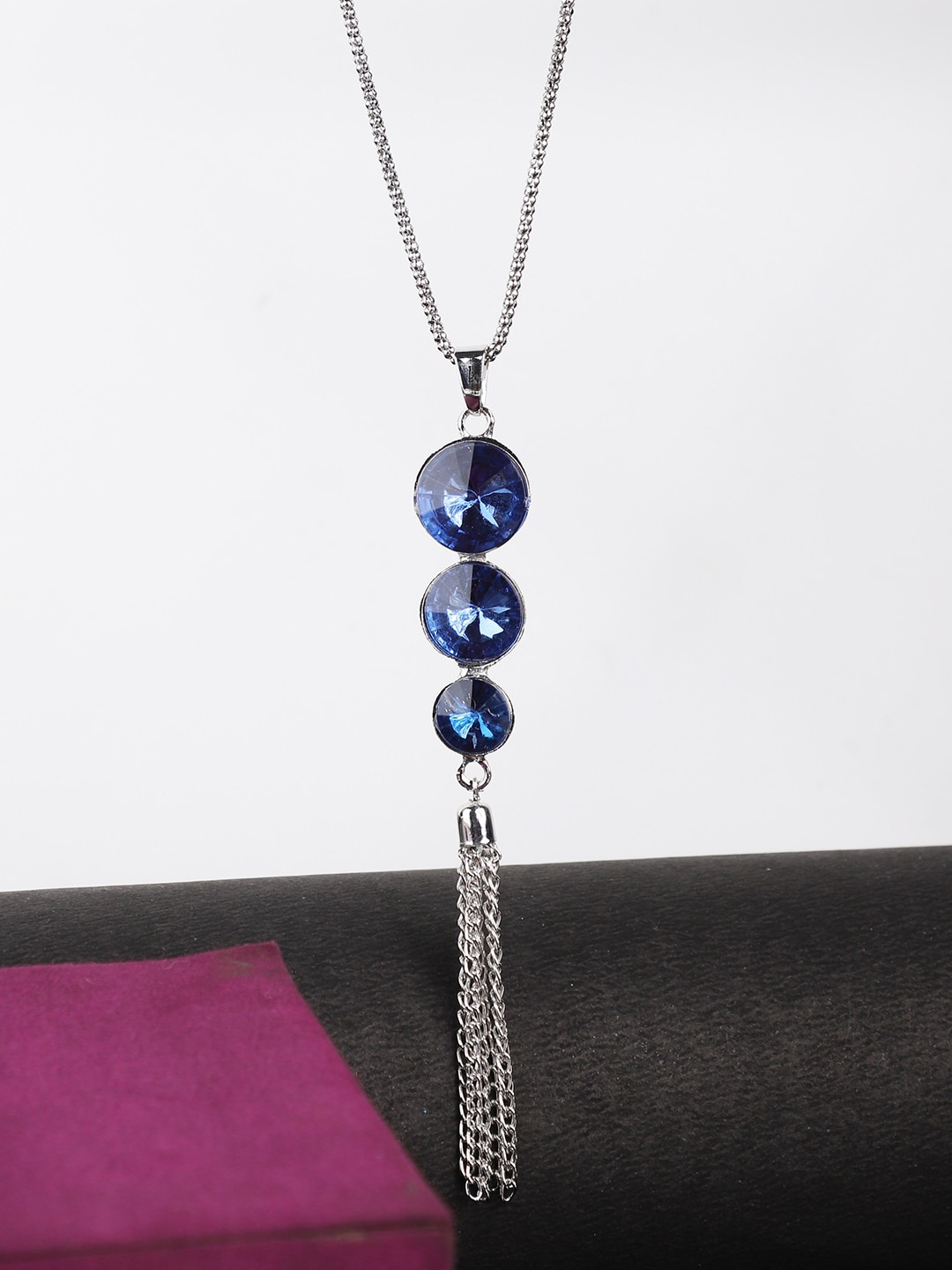 

ANIKAS CREATION Silver-Plated Blue AD-Studded Tasselled Pendant With Chain