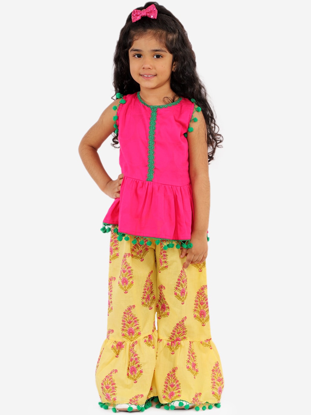 KID1 Girls Pink & Yellow Embroidered Pure Cotton Kurti with Sharara