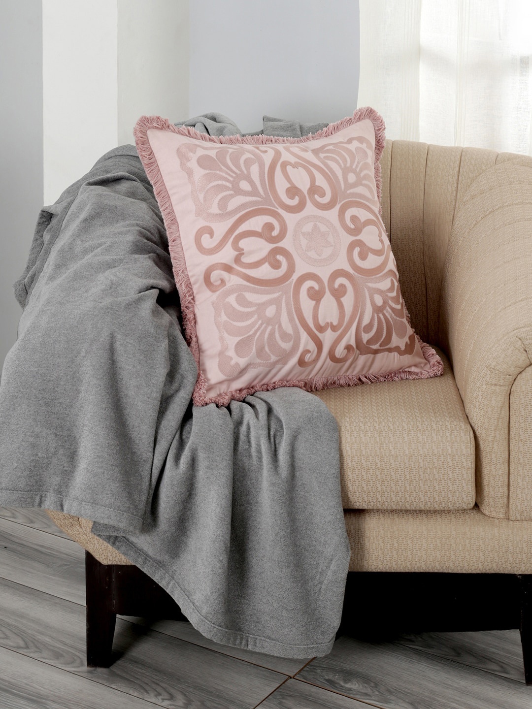 

MASPAR Pink & Taupe Set of Single Ethnic Motifs Square Cushion Covers