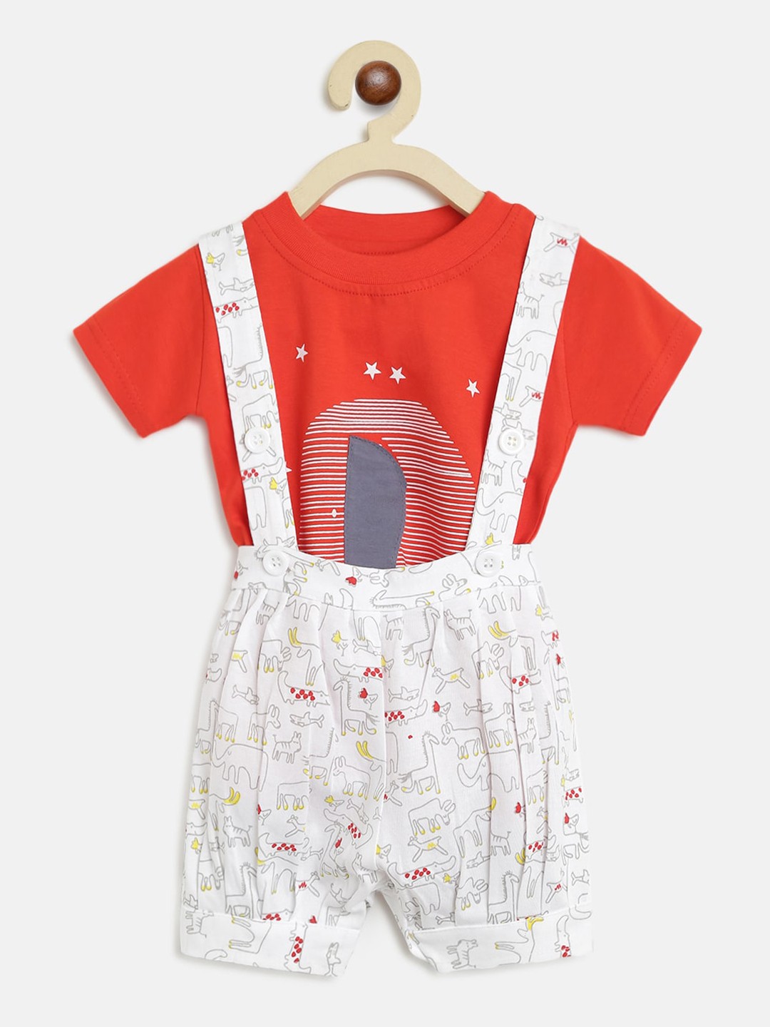 

Lil Tomatoes Infant Kids White & Red Printed Dungaree & T-Shirt With Free Gift