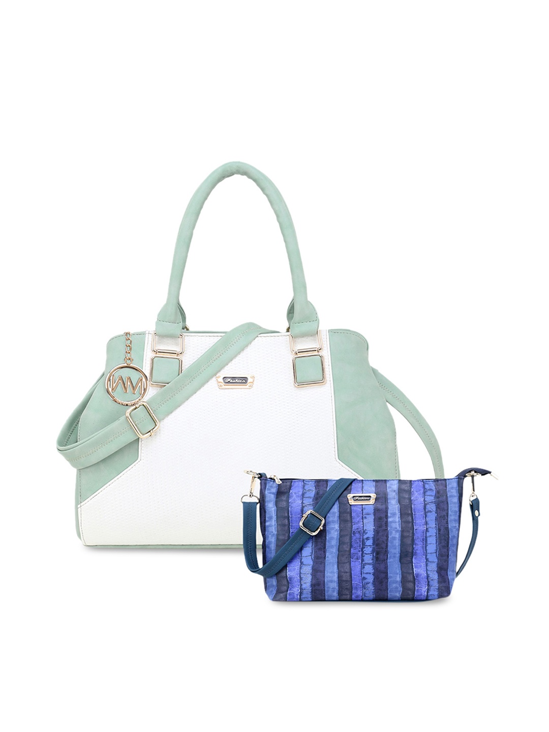 WOMEN MARKS Green & White Colourblocked Handheld Bag with Sling Bag