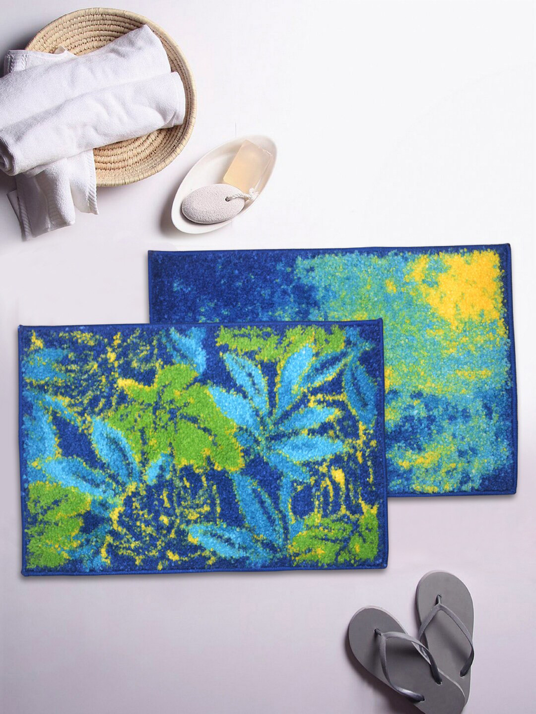 

BIANCA Set Of 2 Blue & Green Patterned 1850 GSM Anti-Skid Bath Rugs