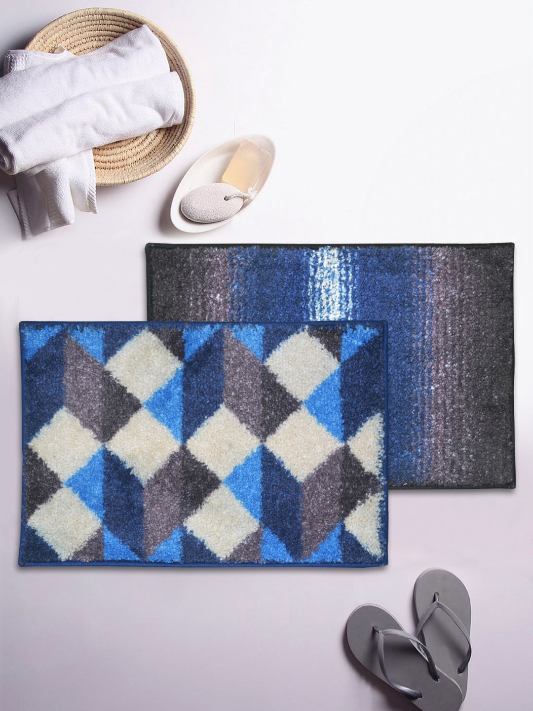 

BIANCA Set Of 2 Blue & Grey Printed Microfibre Anti-Skid Super Dry Bath Rugs