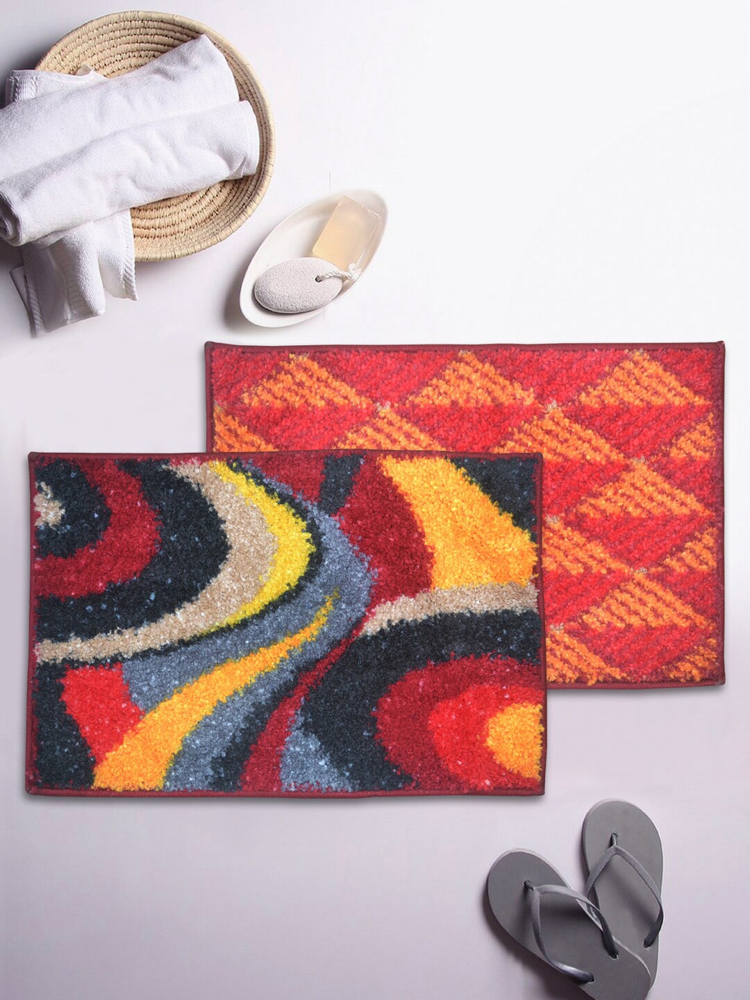 

BIANCA Set Of 2 Red & Yellow Printed Super-Dry Anti-Slip Super Dry Bath Rugs