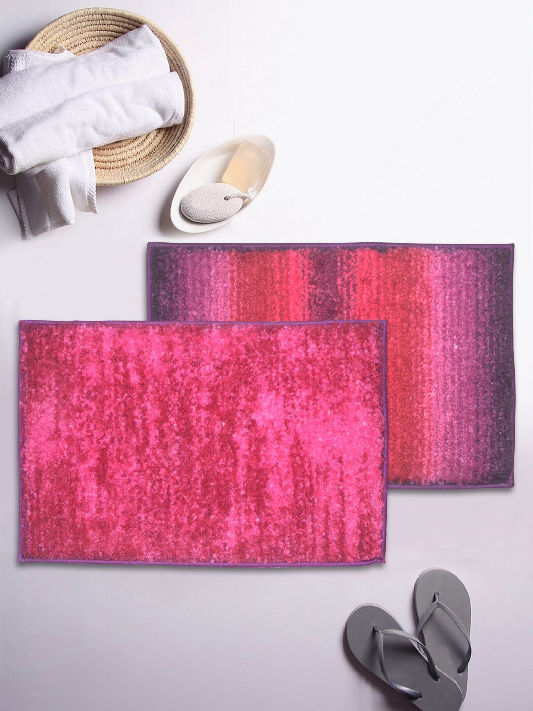 

BIANCA Set Of 2 Purple & Pink Printed Microfibre Anti-Skid Bath Rugs