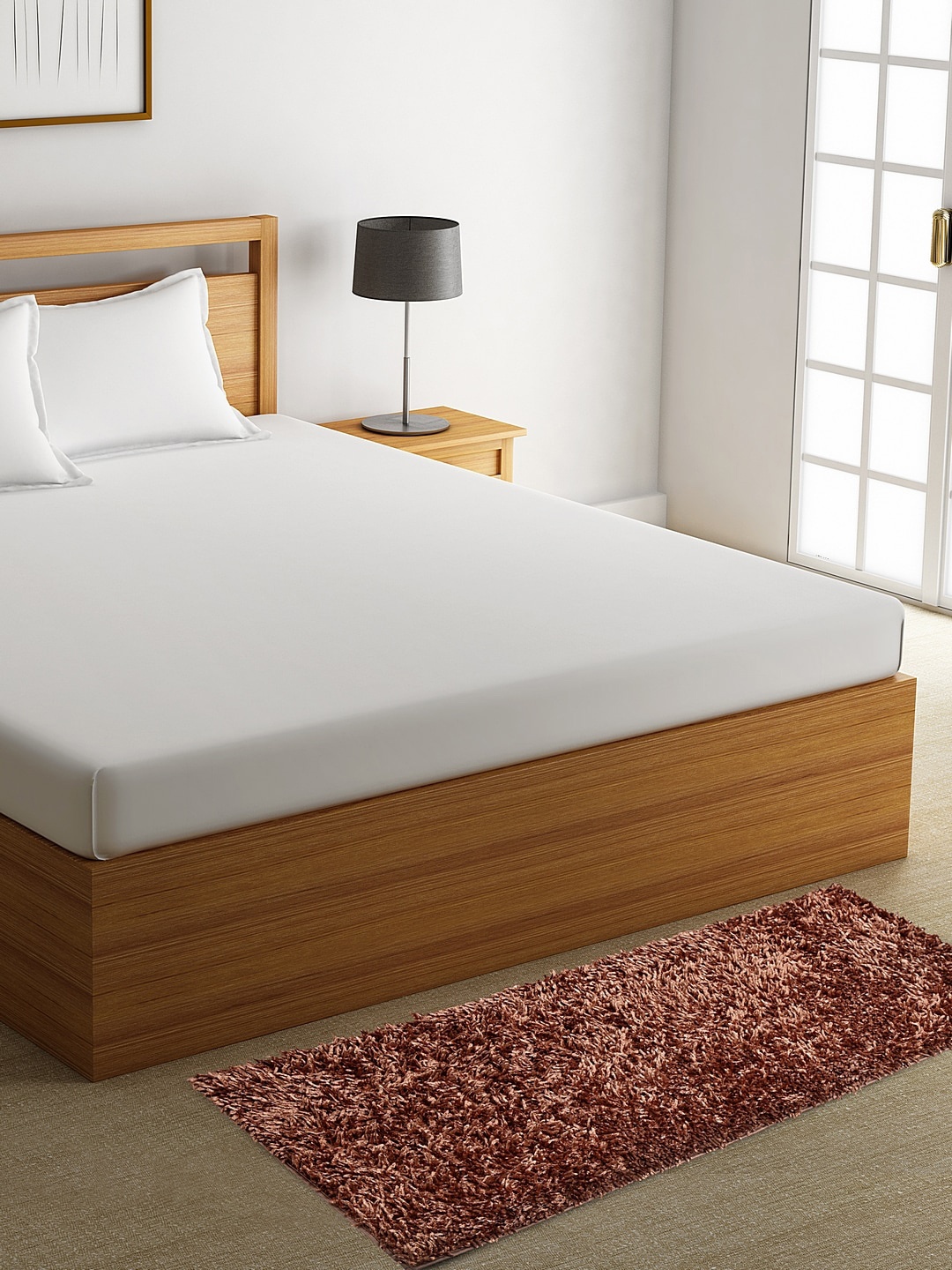 

HOSTA HOMES Brown Shaggy Fur Anti-Skid Bed Side Runner