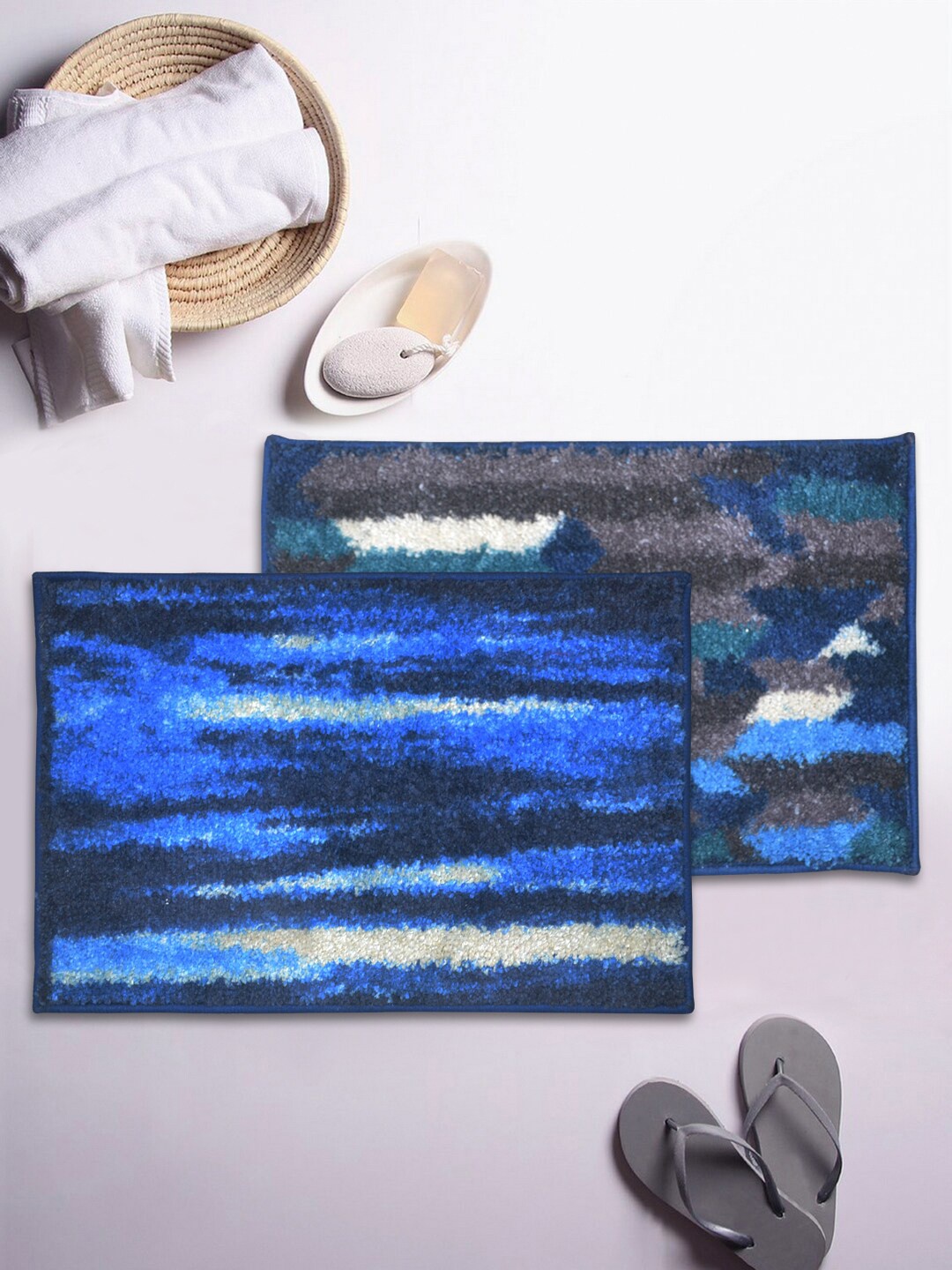 

BIANCA Set Of 2 Printed Microfibre Anti-Skid Bath Rugs, Blue