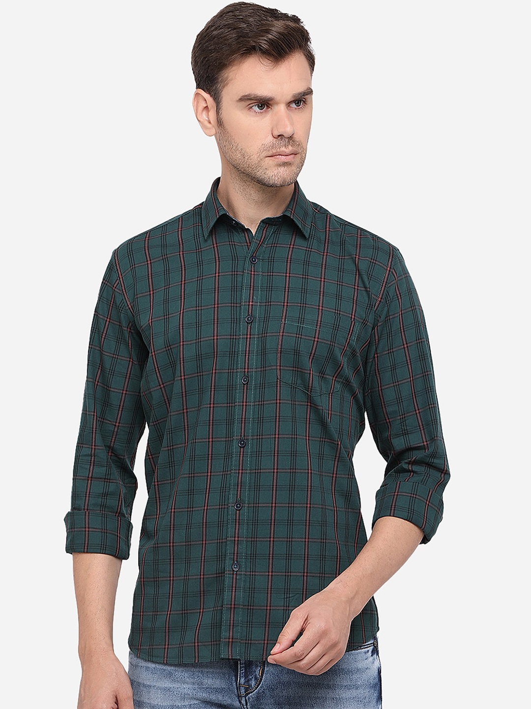 

Greenfibre Men Green Slim Fit Checked Casual Shirt