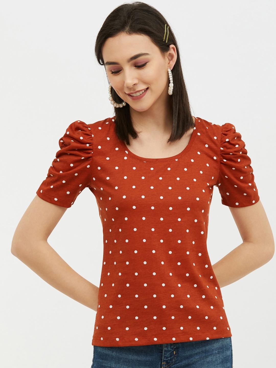

Harpa Women Rust Printed V-Neck T-shirt